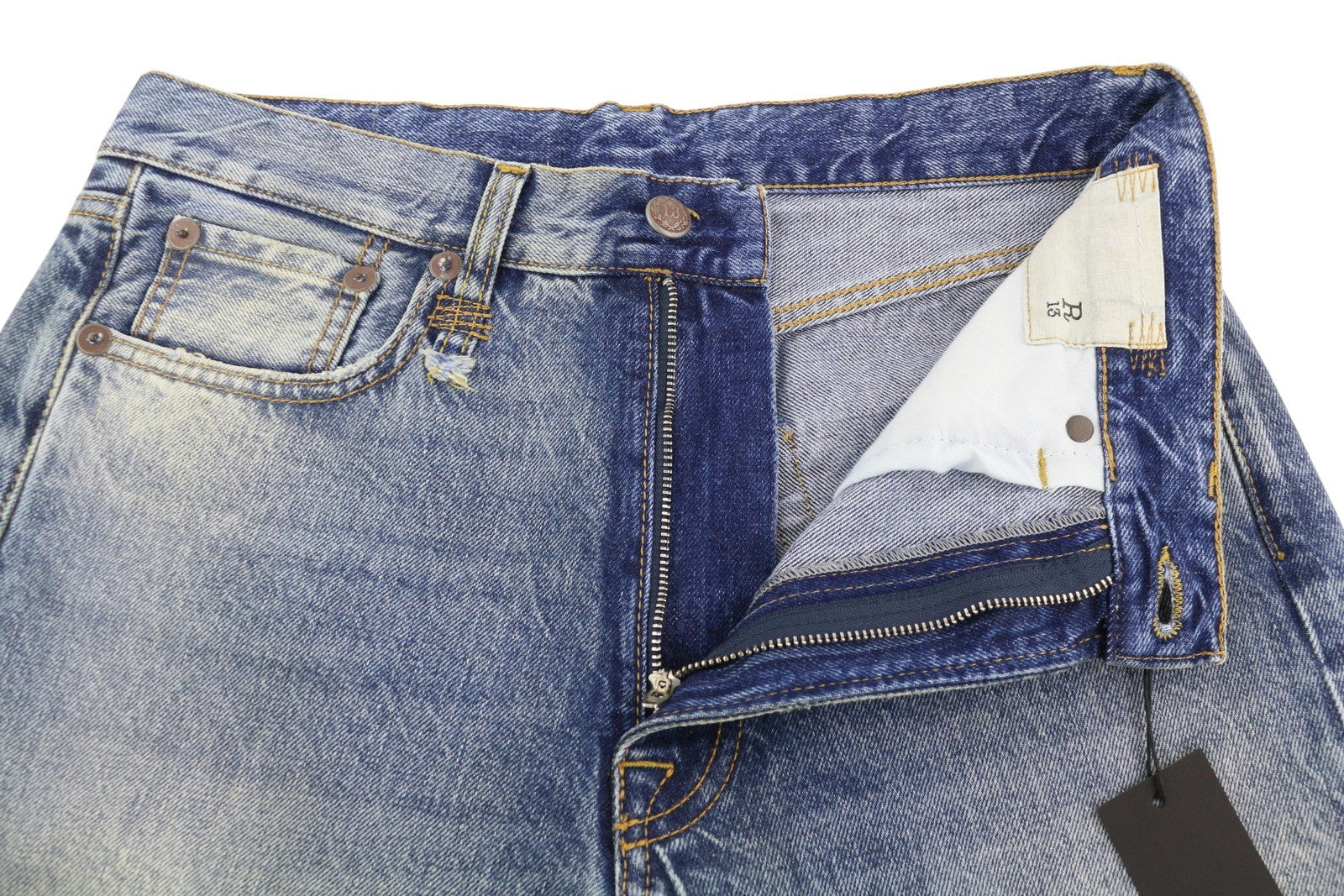 R13 Boyfriend moteriški džinsai 26 Jasper ūsai su išblukusiu trumpintu užtrauktuku mėlyni džinsai PF25 