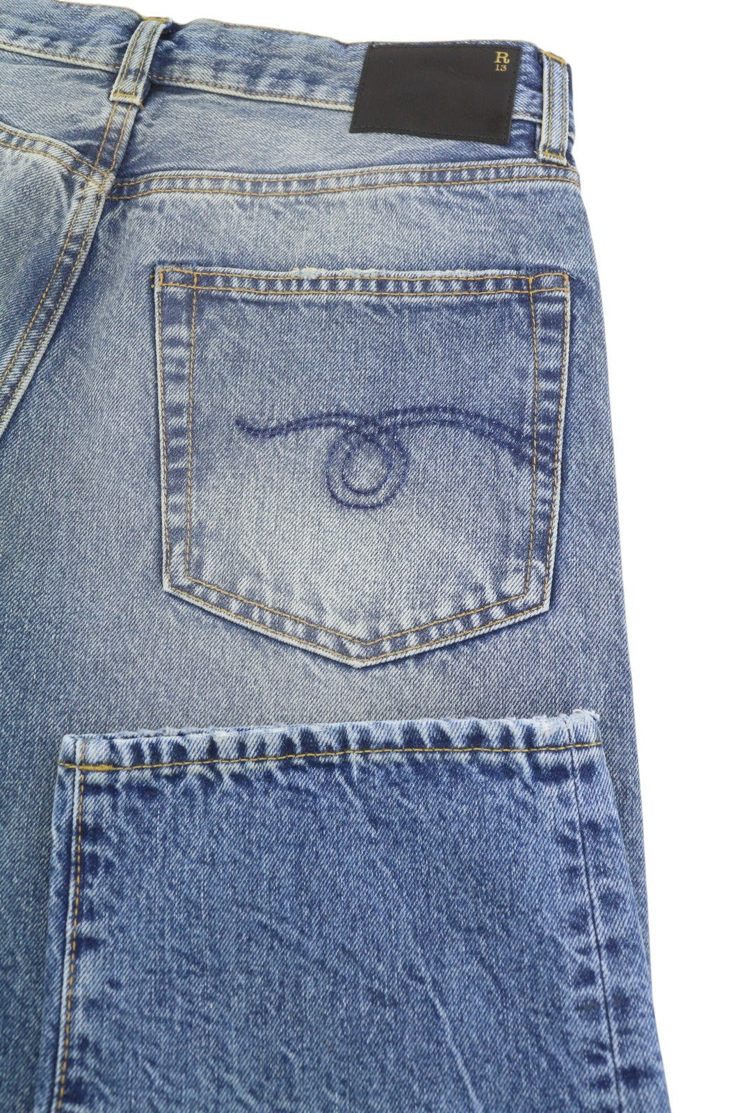 R13 Boyfriend moteriški džinsai 26 Jasper ūsai su išblukusiu trumpintu užtrauktuku mėlyni džinsai PF25 