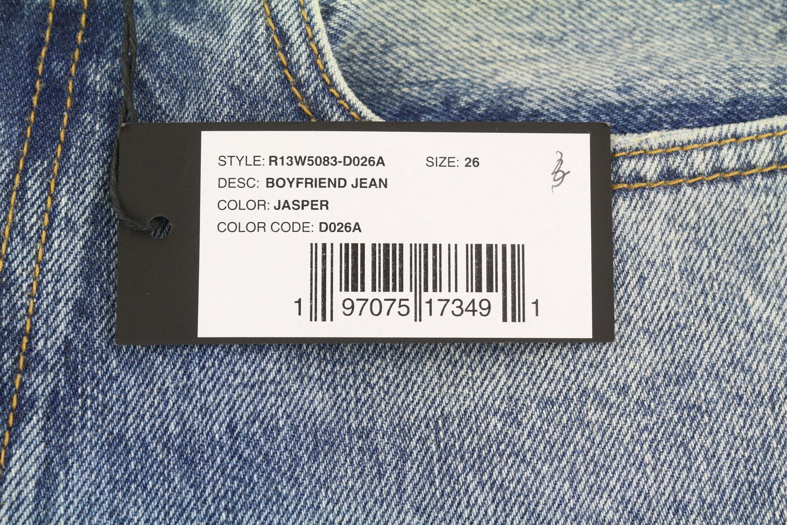 R13 Boyfriend moteriški džinsai 26 Jasper ūsai su išblukusiu trumpintu užtrauktuku mėlyni džinsai PF25 