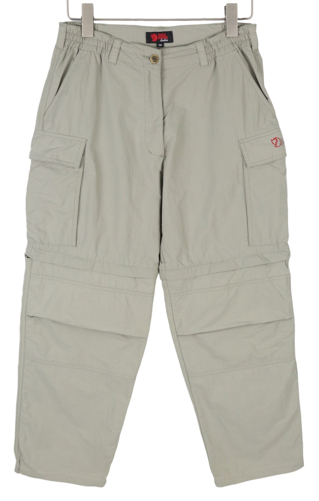 FJALLRAVEN moteriškos kelnės, 38 cm, pilkos, su užtrauktuku ir nuimamomis klešnėmis, žygio šortai 2in1 