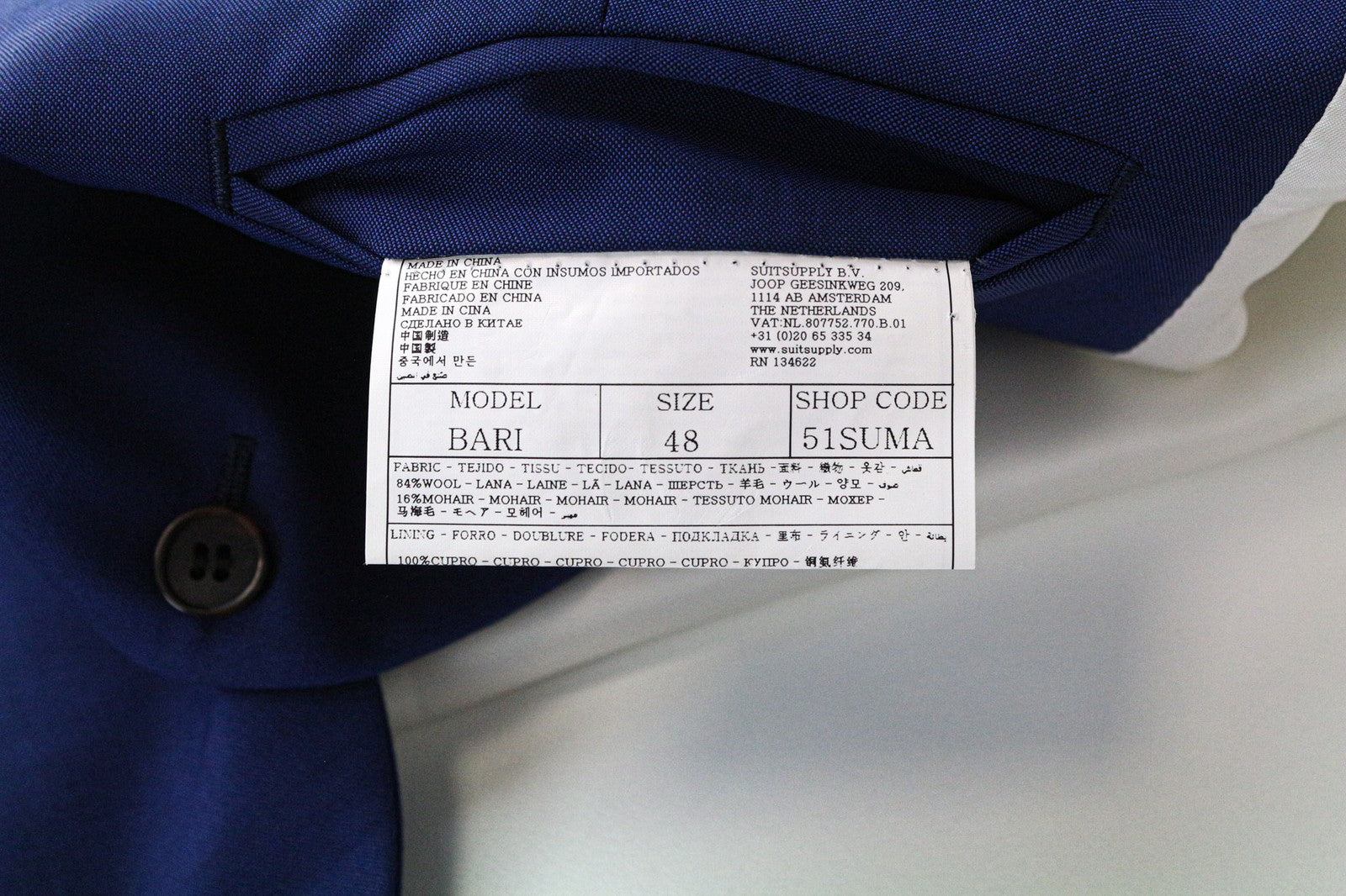 SUITSUPPLY Bari vyriška liemenė UK38R mėlyna vilnonė mohera klasikinė su V formos iškirpte ir pamušalu 