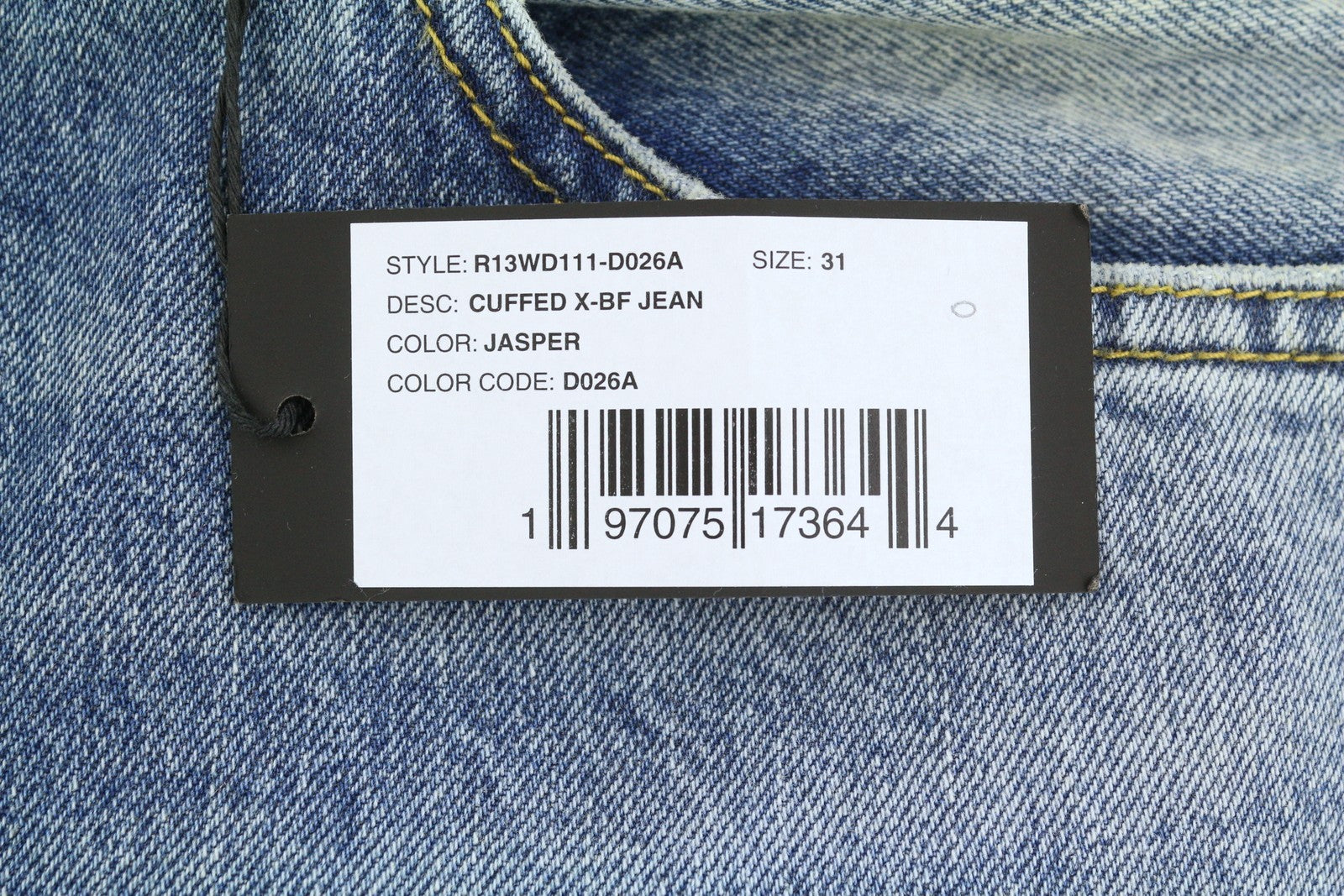 R13 Cuffed X-BF moteriški džinsai su rankogaliais, 31 Jasper Straight ūsai, išblukusi mėlyna spalva, užtrauktukas, FW25 