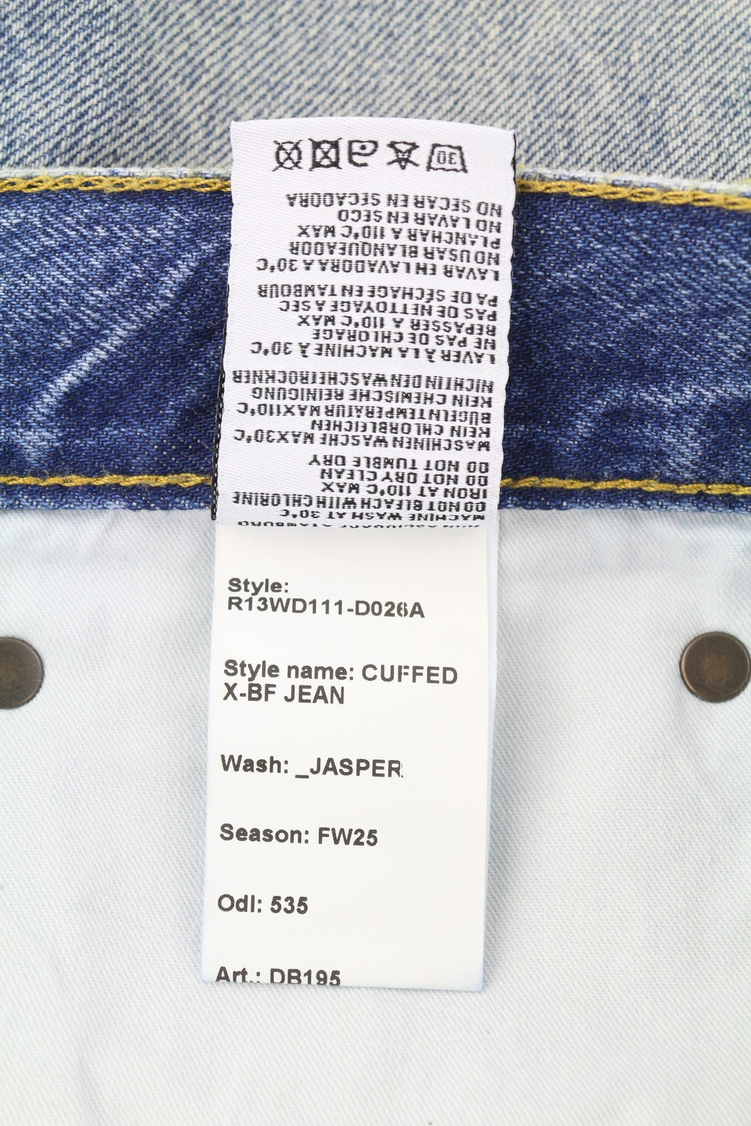 R13 Cuffed X-BF moteriški džinsai su rankogaliais, 31 Jasper Straight ūsai, išblukusi mėlyna spalva, užtrauktukas, FW25 