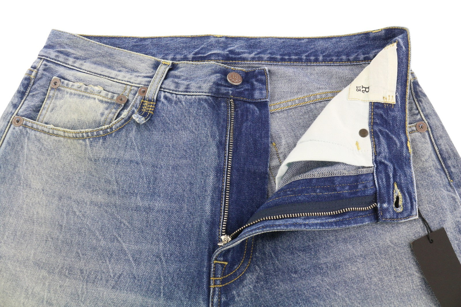 R13 Cuffed X-BF moteriški džinsai su rankogaliais, 28 Jasper Straight ūsai, išblukusi mėlyna spalva, užtrauktukas PF25 