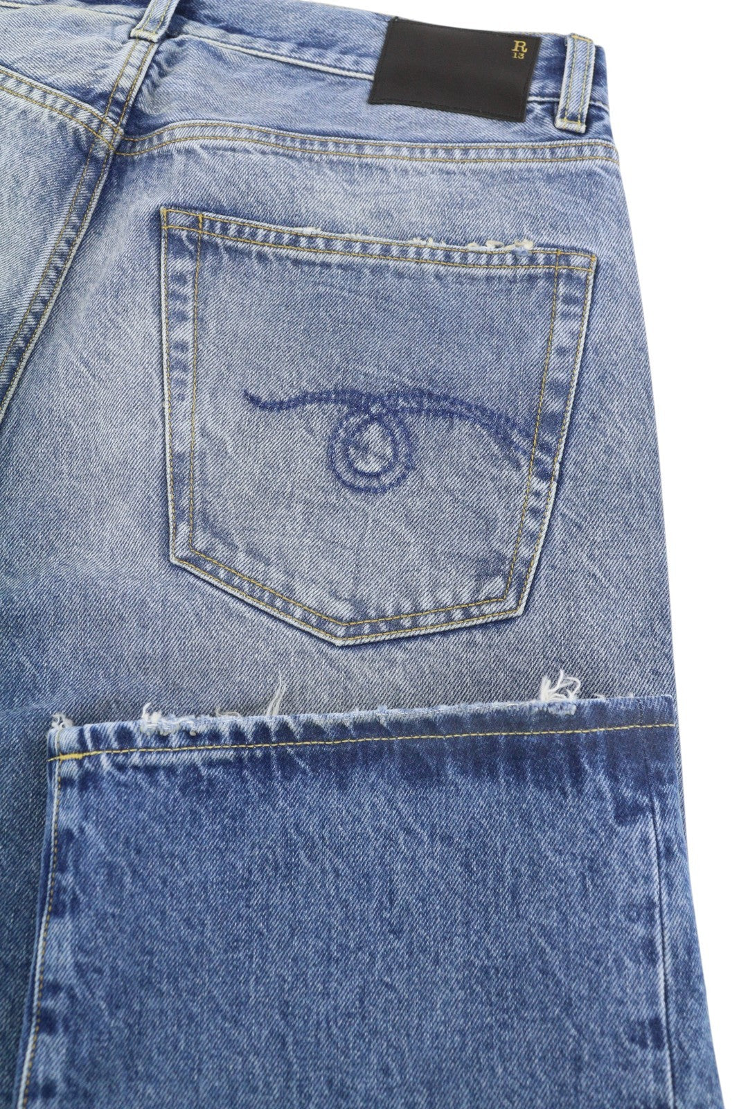 R13 Cuffed X-BF moteriški džinsai su rankogaliais, 28 Jasper Straight ūsai, išblukusi mėlyna spalva, užtrauktukas PF25 