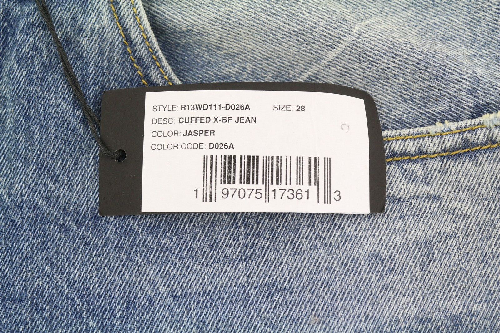 R13 Cuffed X-BF moteriški džinsai su rankogaliais, 28 Jasper Straight ūsai, išblukusi mėlyna spalva, užtrauktukas PF25 