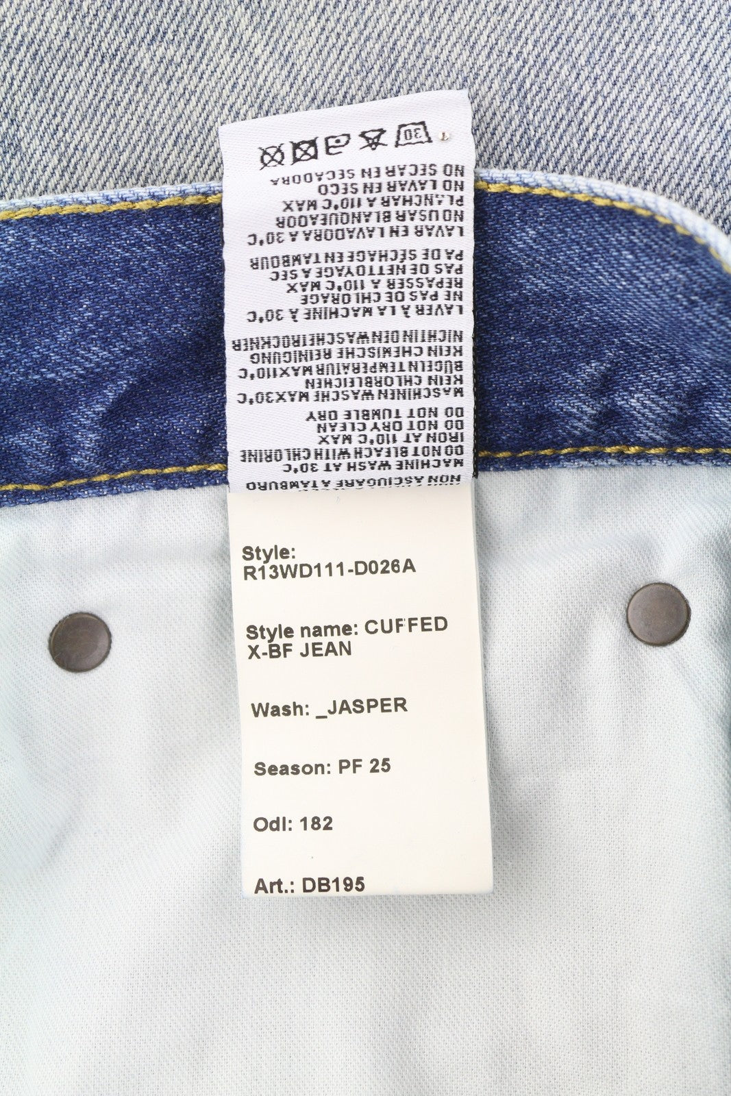 R13 Cuffed X-BF moteriški džinsai su rankogaliais, 28 Jasper Straight ūsai, išblukusi mėlyna spalva, užtrauktukas PF25 