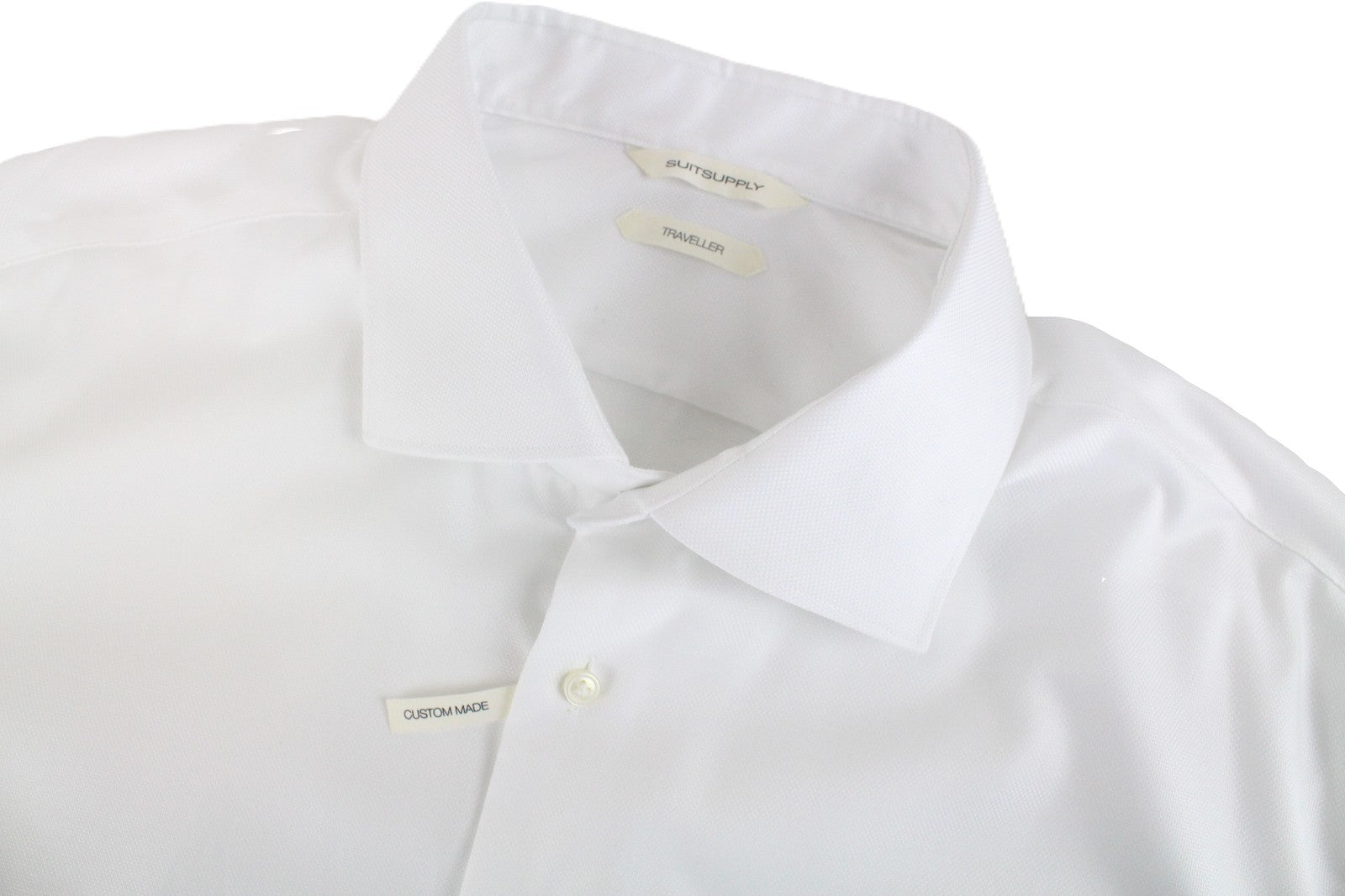 „SUITSUPPLY Traveller“ vyriški formalūs marškiniai, 48 m., balti, ploni, grynos medvilnės, su iškirpta apykakle 
