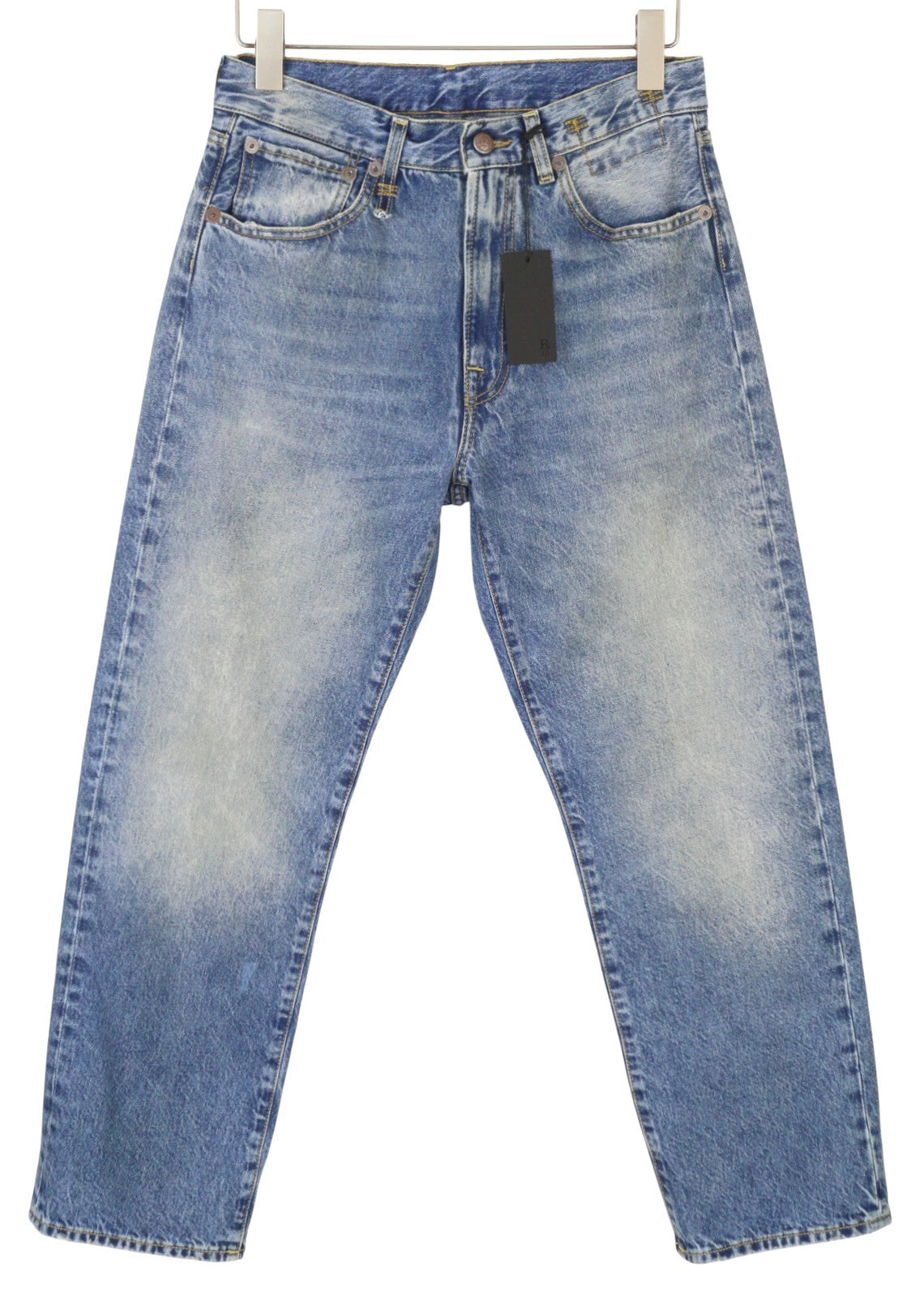 R13 Cuffed X-BF moteriški džinsai su rankogaliais 25 Jasper Straight ūsai su išblukusia mėlyna užtrauktuku FW25 