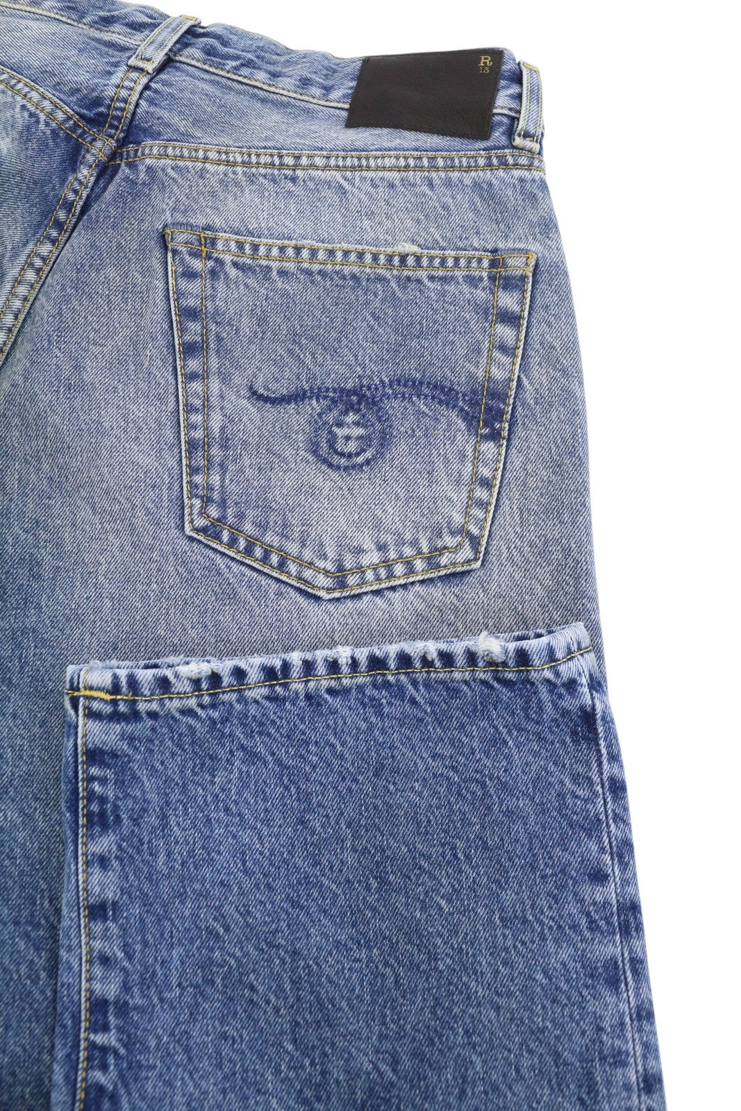 R13 Cuffed X-BF moteriški džinsai su rankogaliais 25 Jasper Straight ūsai su išblukusia mėlyna užtrauktuku FW25 