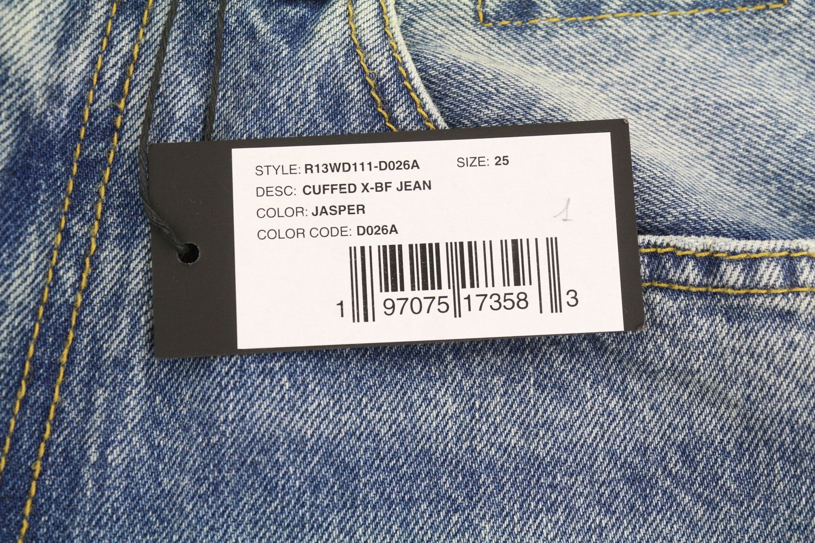 R13 Cuffed X-BF moteriški džinsai su rankogaliais 25 Jasper Straight ūsai su išblukusia mėlyna užtrauktuku FW25 