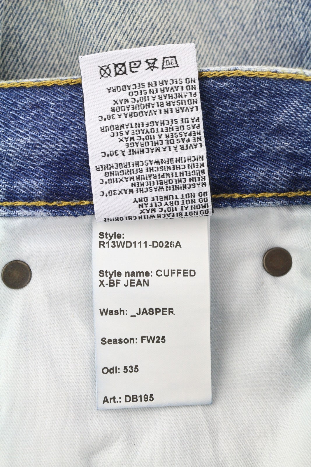 R13 Cuffed X-BF moteriški džinsai su rankogaliais 25 Jasper Straight ūsai su išblukusia mėlyna užtrauktuku FW25 