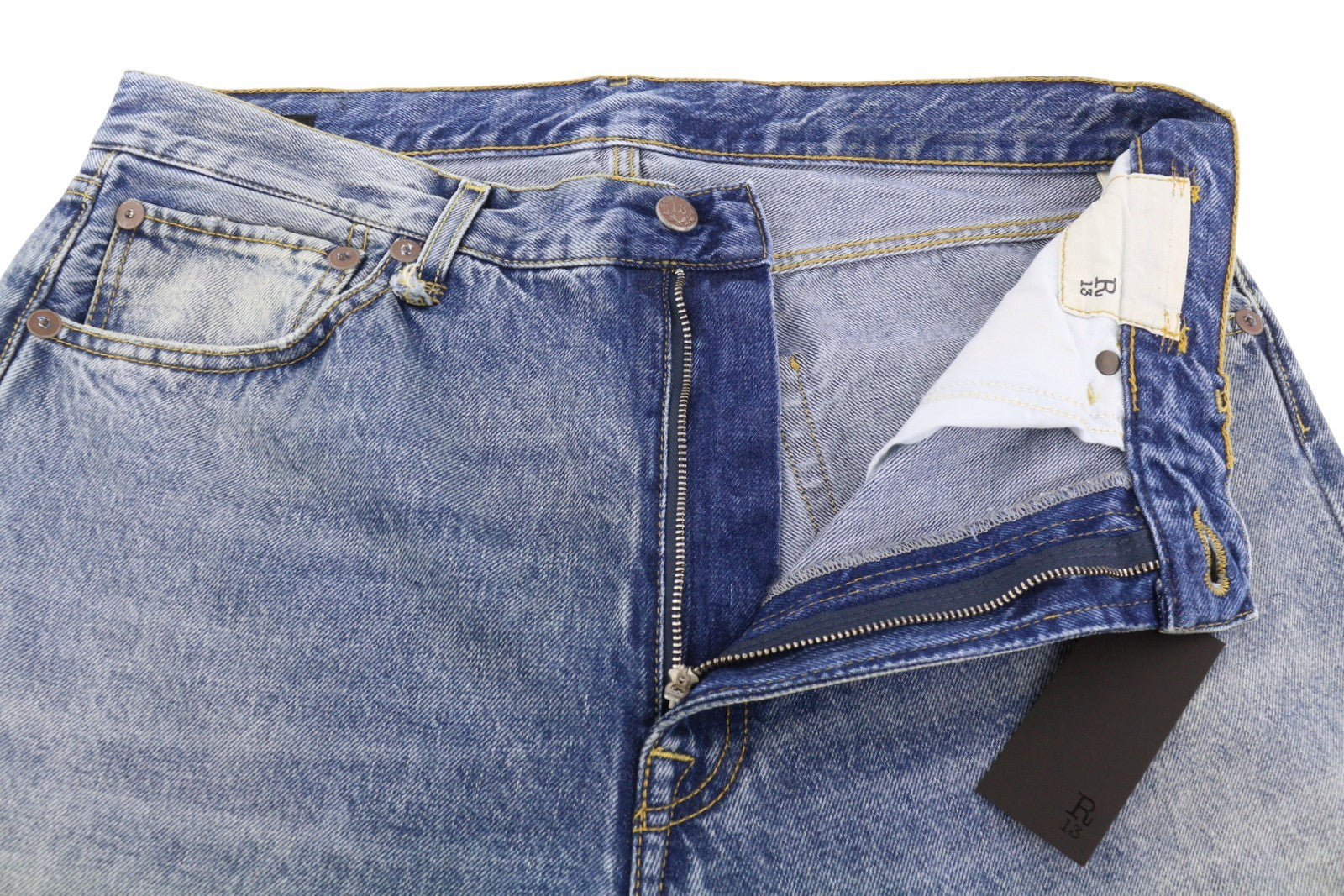 R13 Cuffed X-BF moteriški džinsai su rankogaliais, 30 Jasper tiesaus kirpimo, išblukintos mėlynos spalvos, su užtrauktuku, FW25 