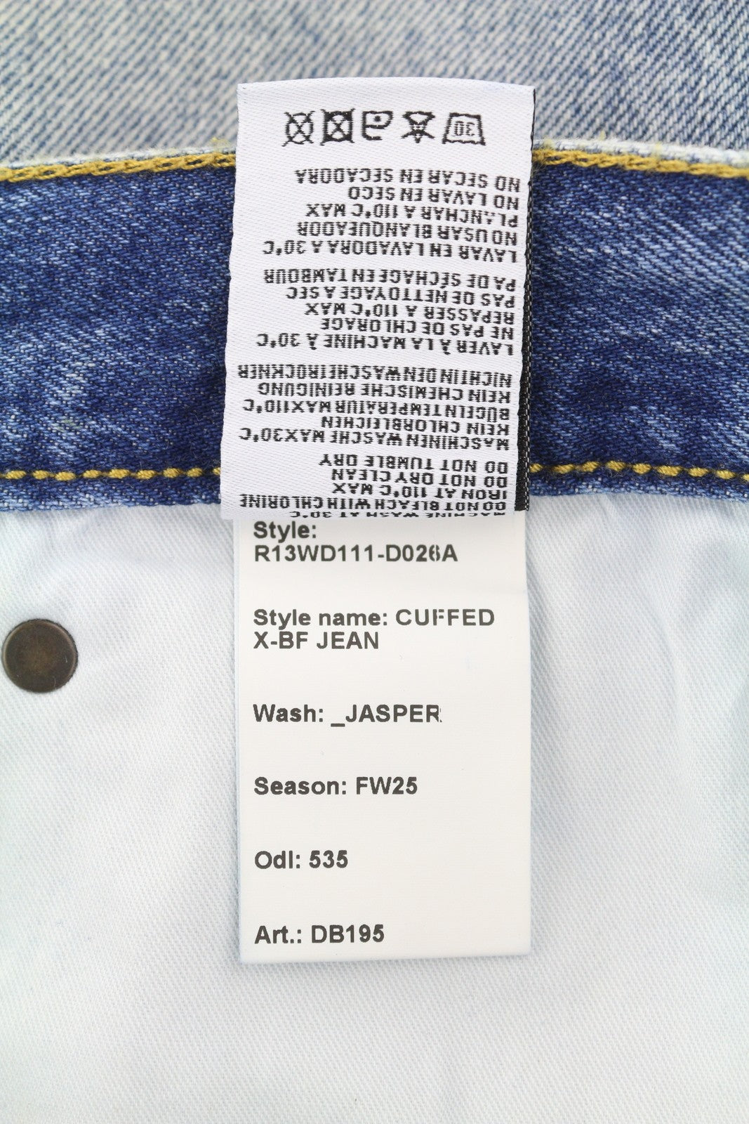 R13 Cuffed X-BF moteriški džinsai su rankogaliais, 30 Jasper tiesaus kirpimo, išblukintos mėlynos spalvos, su užtrauktuku, FW25 