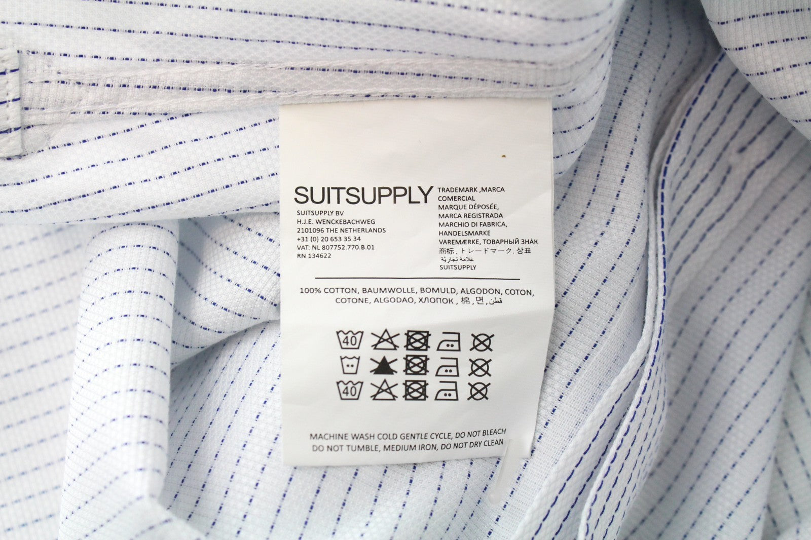 „SUITSUPPLY“ vyriški oficialūs marškinėliai, 41 dydžio, ploni, ilgomis rankovėmis, dryžuoti, mėlyni, medvilniniai 