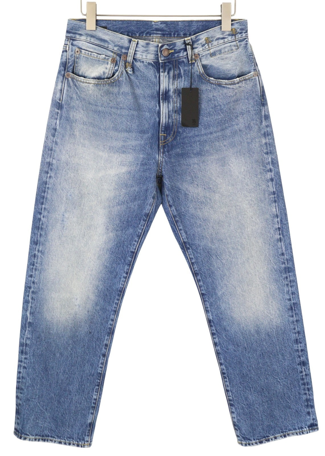 R13 Cuffed X-BF moteriški džinsai su rankogaliais 27 Jasper tiesaus kirpimo blukintos mėlynos spalvos džinsinis kelnės su užtrauktuku PF25 