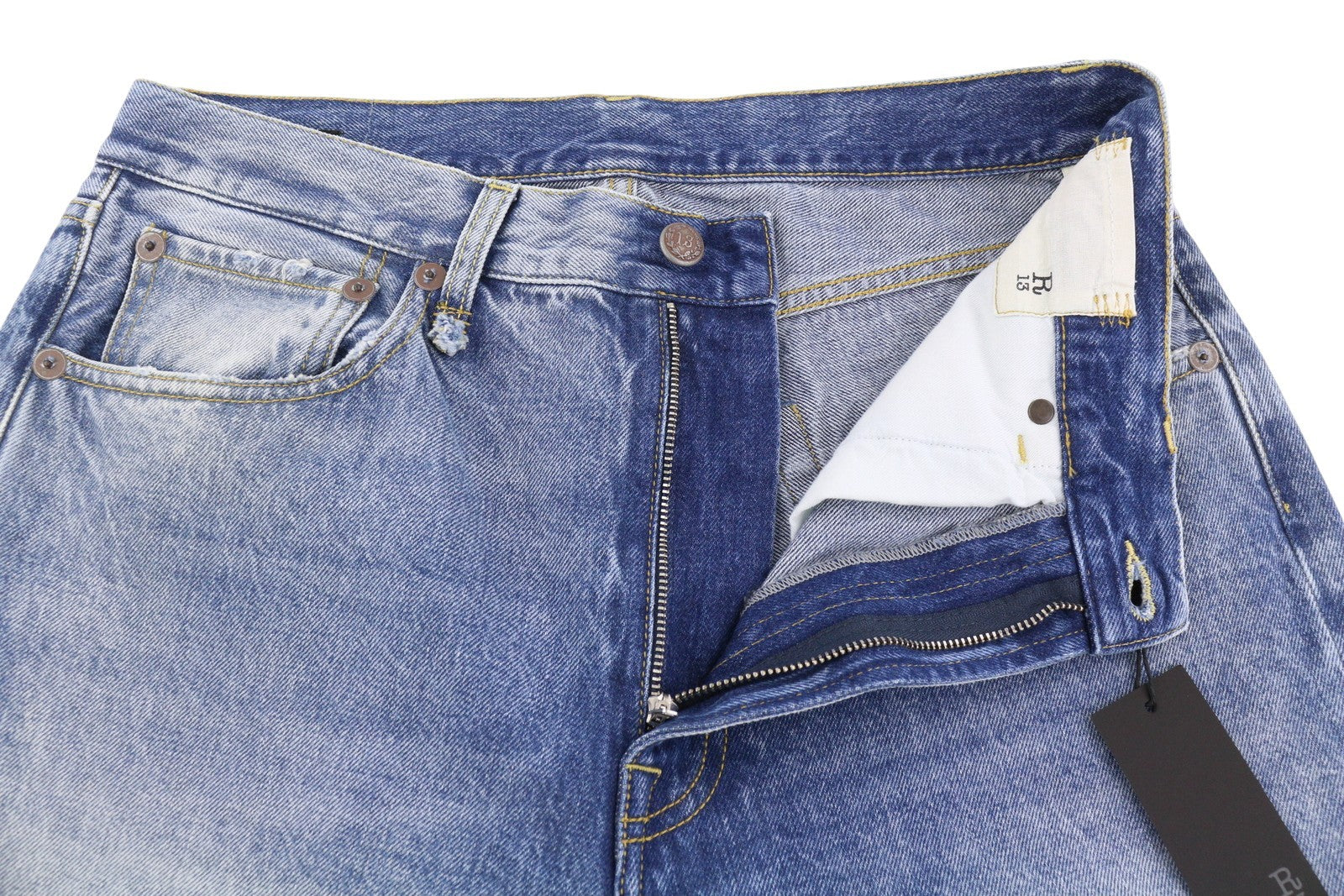 R13 Cuffed X-BF moteriški džinsai su rankogaliais 27 Jasper tiesaus kirpimo blukintos mėlynos spalvos džinsinis kelnės su užtrauktuku PF25 