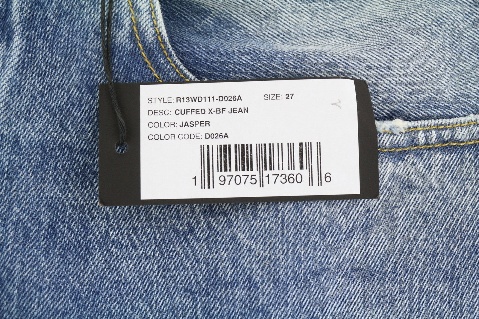 R13 Cuffed X-BF moteriški džinsai su rankogaliais 27 Jasper tiesaus kirpimo blukintos mėlynos spalvos džinsinis kelnės su užtrauktuku PF25 