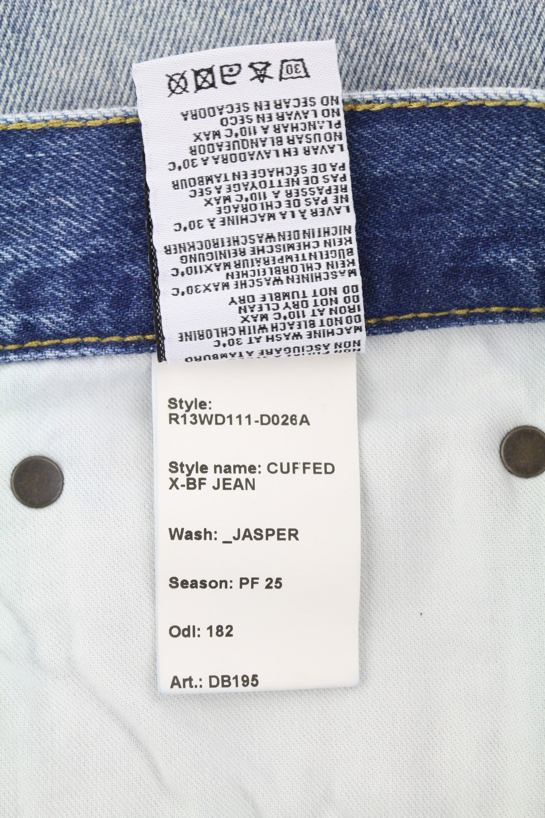 R13 Cuffed X-BF moteriški džinsai su rankogaliais 27 Jasper tiesaus kirpimo blukintos mėlynos spalvos džinsinis kelnės su užtrauktuku PF25 