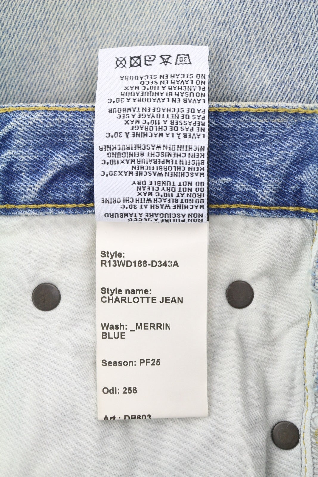 R13 Charlotte moteriški džinsai 25 Merrin mėlyni aukšta juostele, platėjančiomis klešnėmis, blukintos PF25 RRP795 