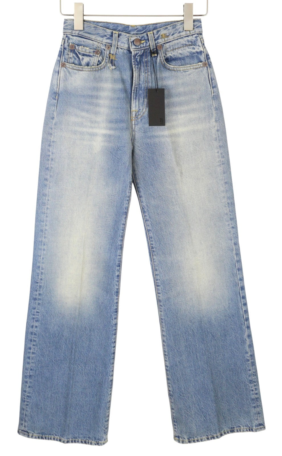 R13 Charlotte moteriški džinsai 25 Merrin mėlyni aukšta juostele, platėjančiomis klešnėmis, blukintos PF25 RRP795 