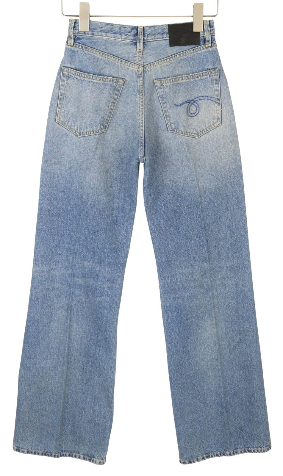 R13 Charlotte moteriški džinsai 25 Merrin mėlyni aukšta juostele, platėjančiomis klešnėmis, blukintos PF25 RRP795 