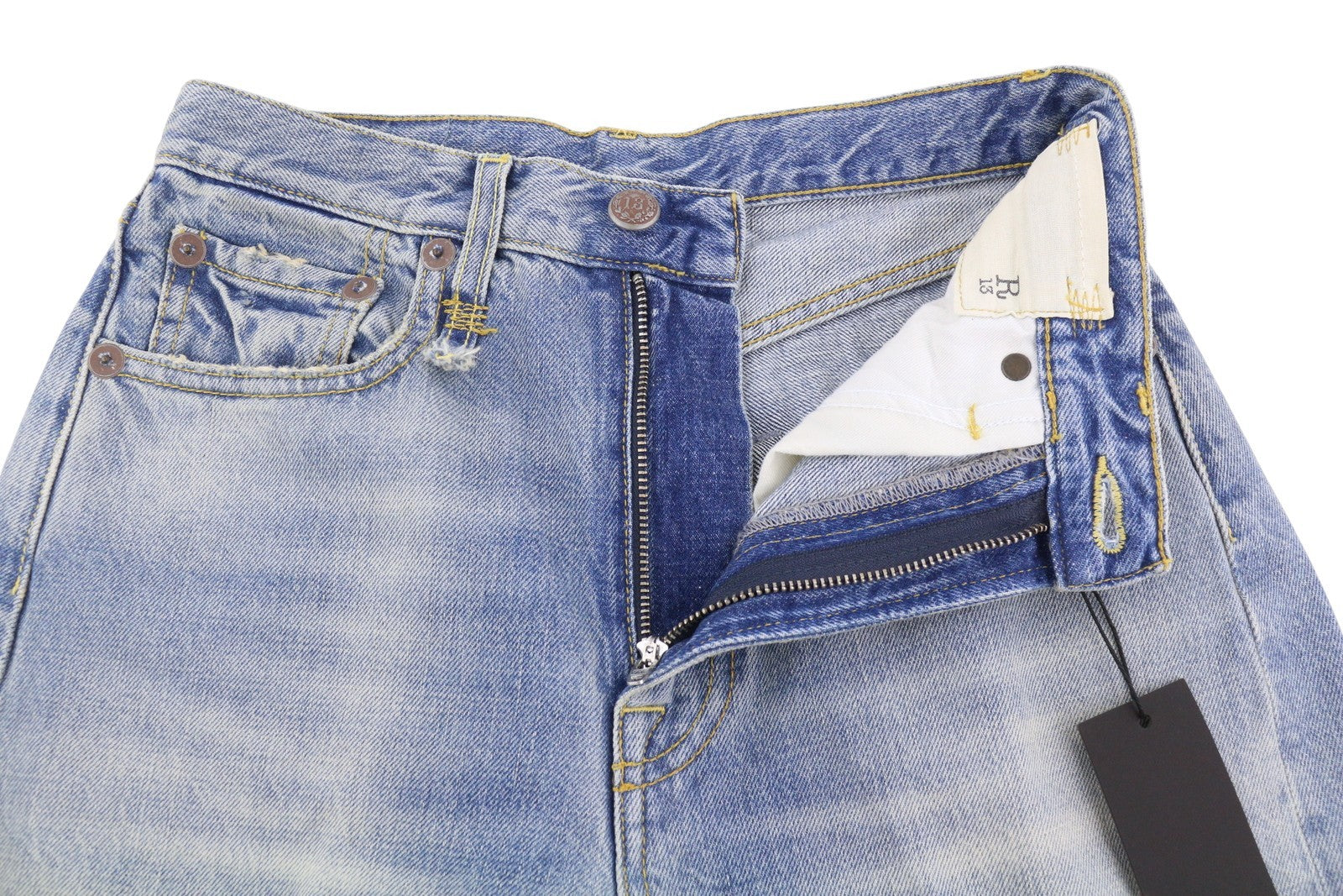 R13 Charlotte moteriški džinsai 25 Merrin mėlyni aukšta juostele, platėjančiomis klešnėmis, blukintos PF25 RRP795 