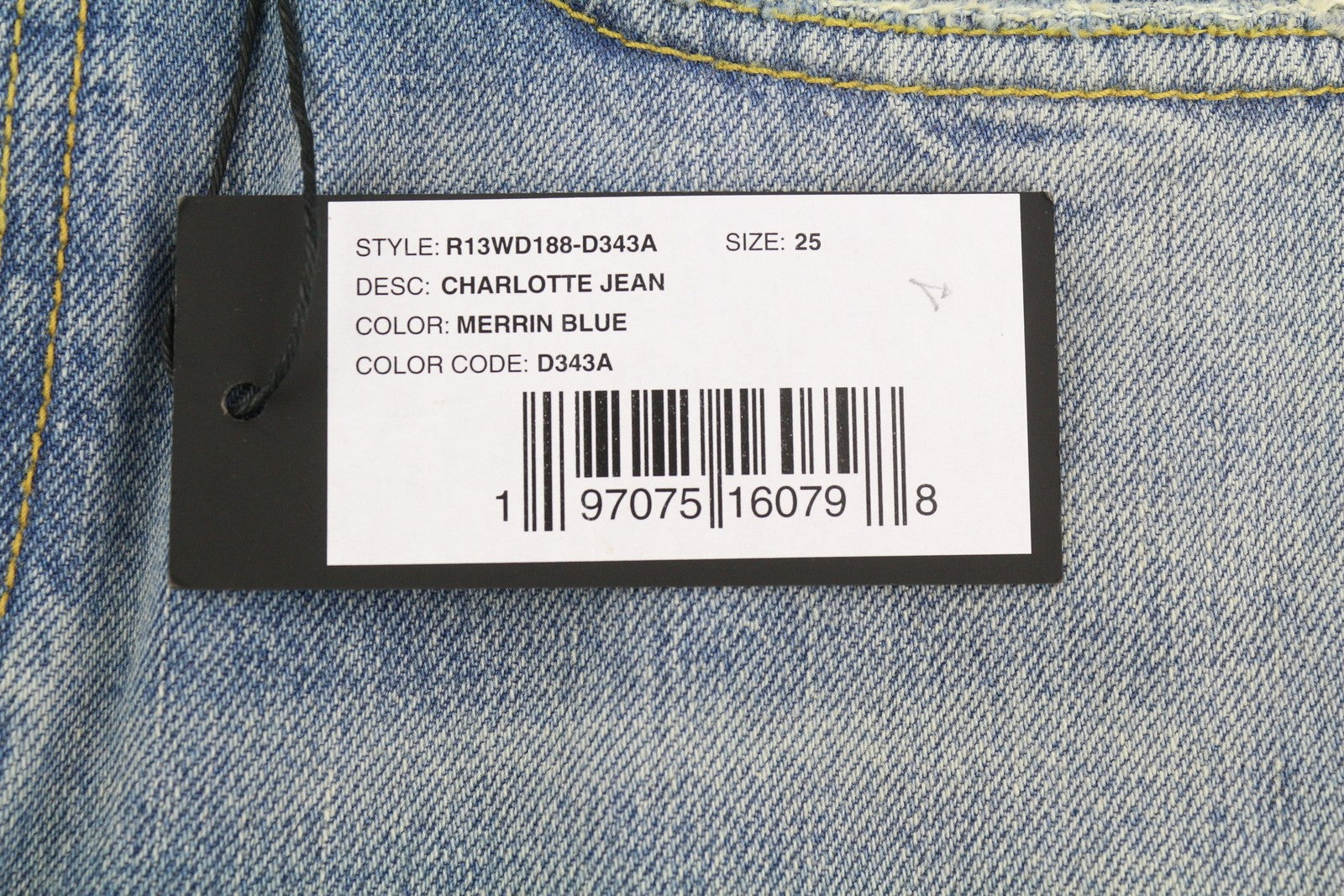 R13 Charlotte moteriški džinsai 25 Merrin mėlyni aukšta juostele, platėjančiomis klešnėmis, blukintos PF25 RRP795 