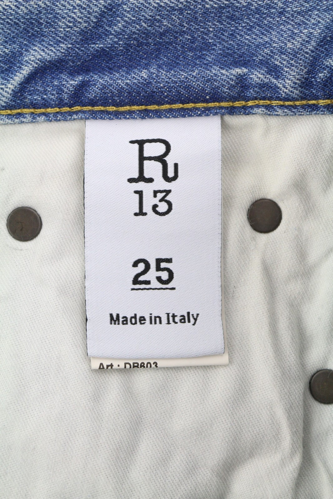 R13 Charlotte moteriški džinsai 25 Merrin mėlyni aukšta juostele, platėjančiomis klešnėmis, blukintos PF25 RRP795 