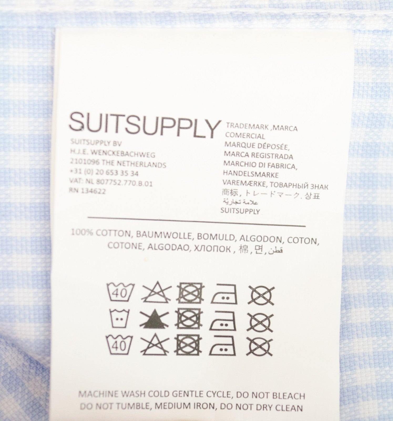 SUITSUPPLY vyriški formalūs marškinėliai 47 mėlyni, ploni, languoti, ilgomis rankovėmis, grynos medvilnės 