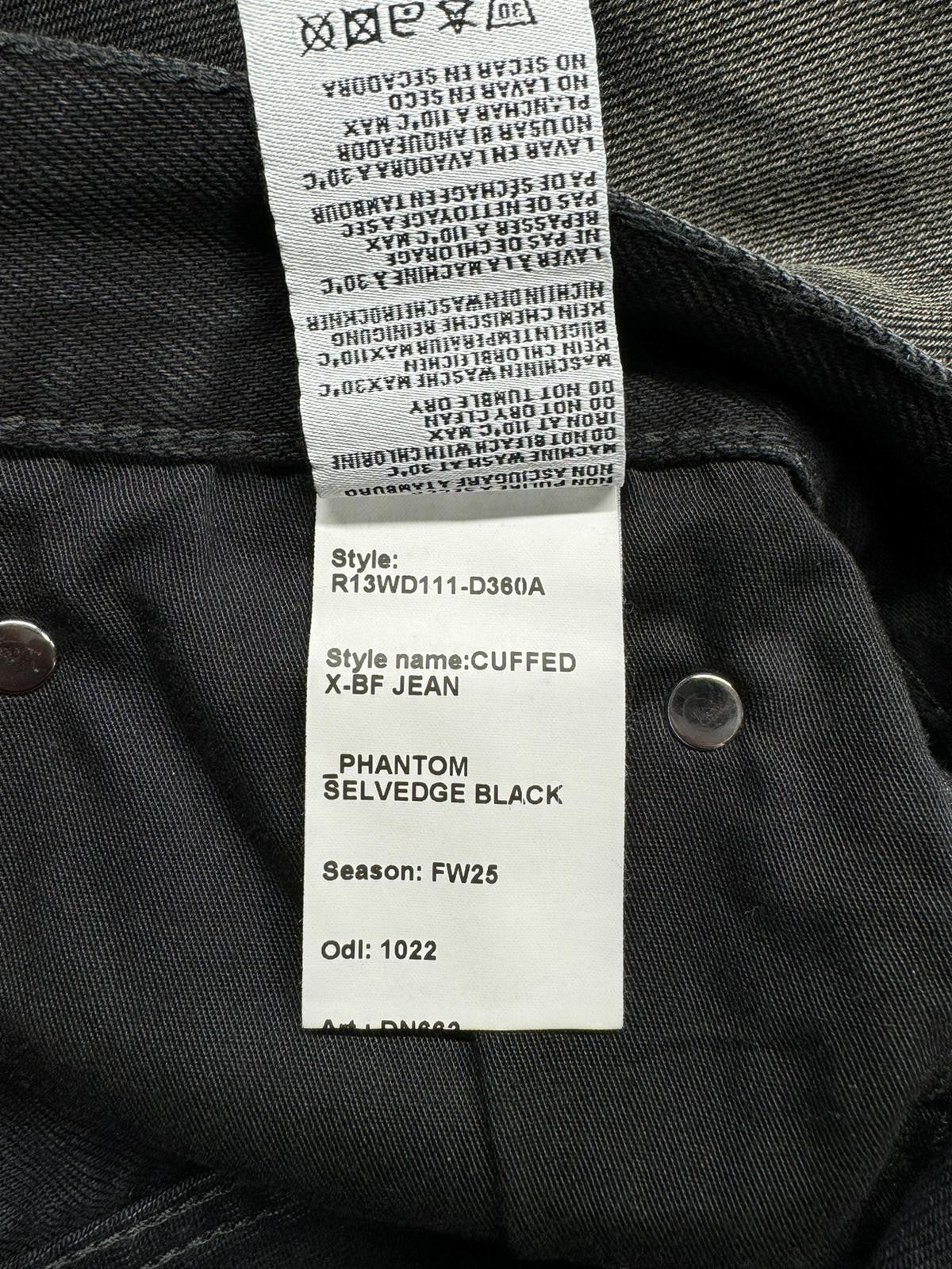 R13 Cuffed X-BF moteriški džinsai su rankogaliais, 30 Phantom Selvedge, juodi, riboto leidimo, išblukę, FW25 