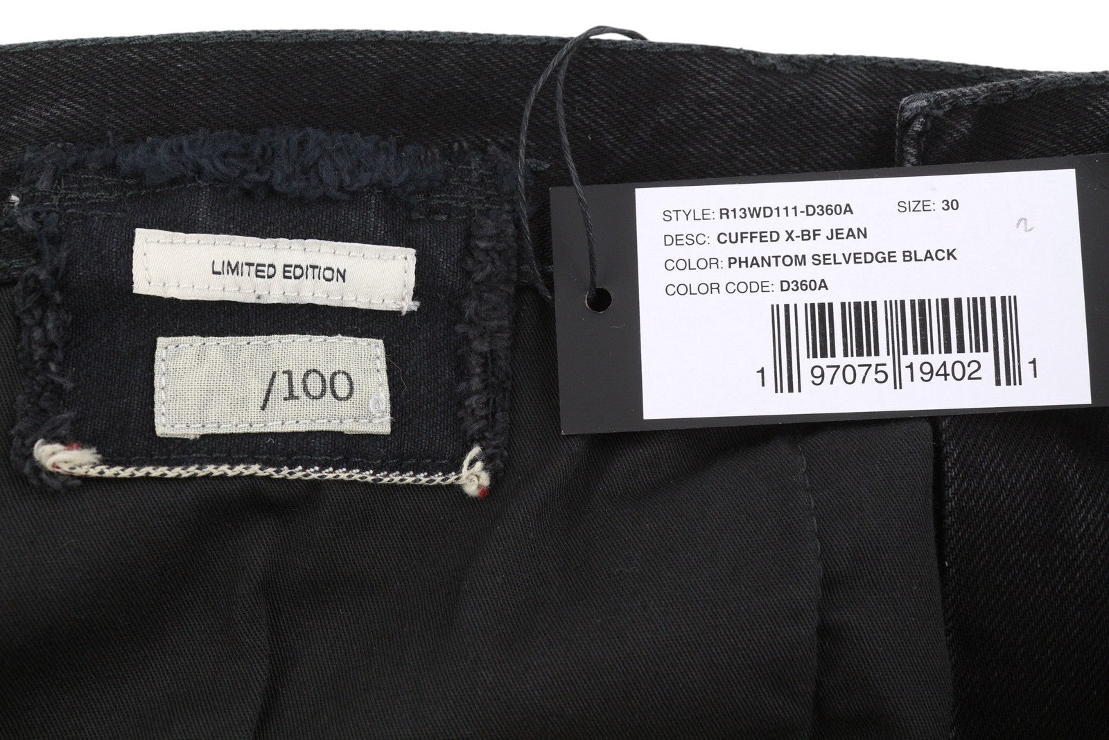 R13 Cuffed X-BF moteriški džinsai su rankogaliais, 30 Phantom Selvedge, juodi, riboto leidimo, išblukę, FW25 