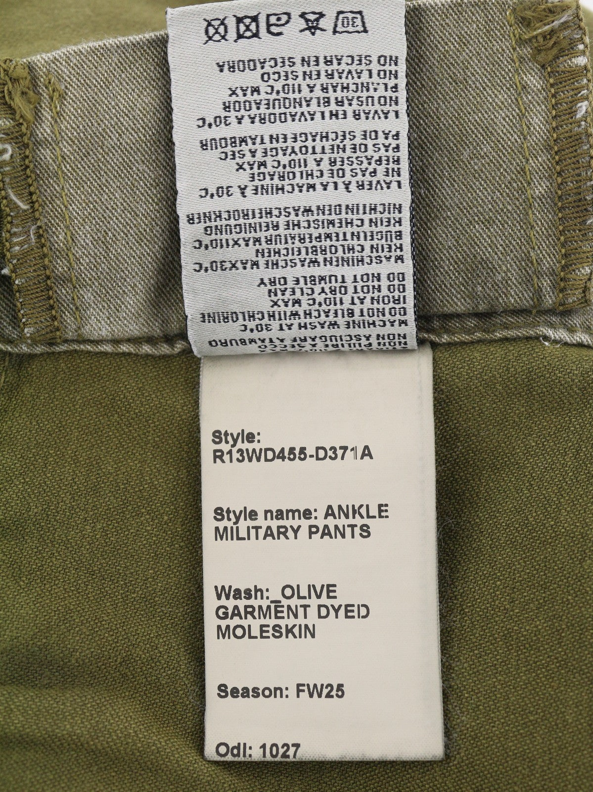 R13 kulkšnies karinės moteriškos kelnės 28 alyvuogių spalvos dažytos krovininės kelnės su užtrauktuku FW25 RRP1199 