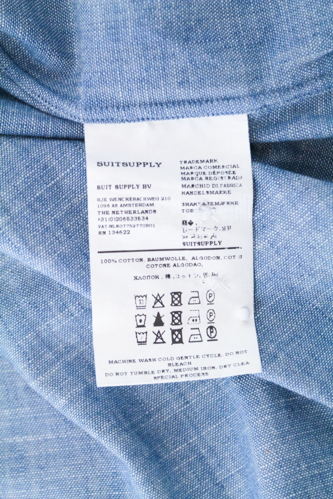 SUITSUPPLY vyriški oficialūs marškiniai ~S, prigludę, mėlyni, grynos medvilnės, sagomis užsegami, ilgomis rankovėmis 