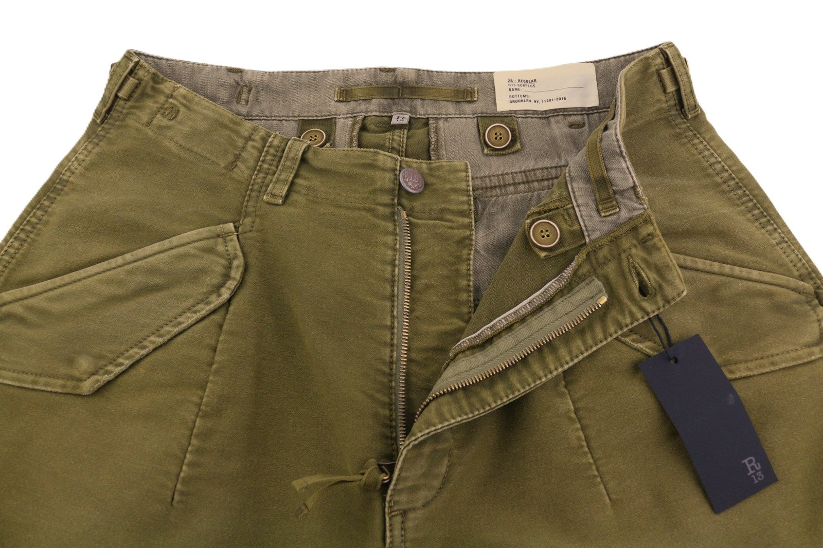 R13 moteriškos kelnės iki kulkšnių, 28, alyvuogių spalvos, dažyta moleskine, FW25, RRP1199 