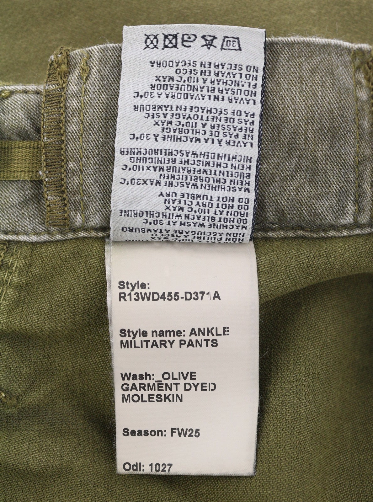 R13 moteriškos kelnės iki kulkšnių, 28, alyvuogių spalvos, dažyta moleskine, FW25, RRP1199 