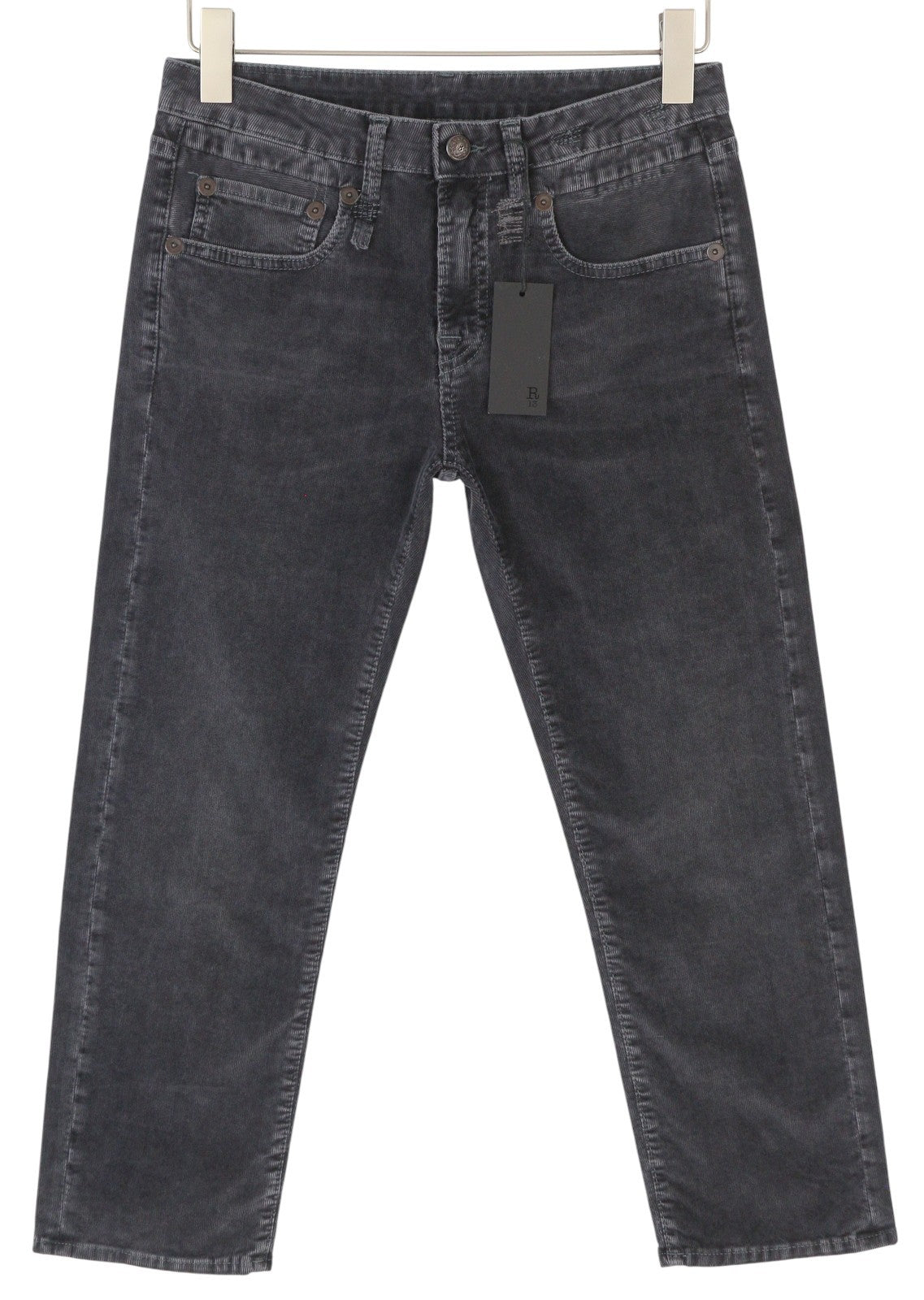 R13 berniukiškos tiesios moteriškos kelnės 26 obsidiano spalvos su tampria virvele, trumpintos, išblukintos, FW25 