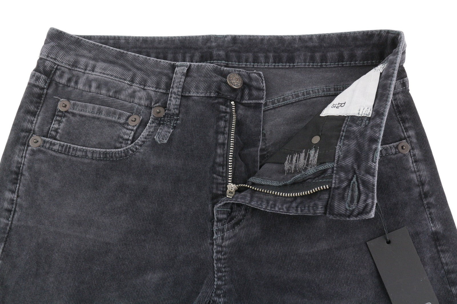 R13 berniukiškos tiesios moteriškos kelnės 26 obsidiano spalvos su tampria virvele, trumpintos, išblukintos, FW25 