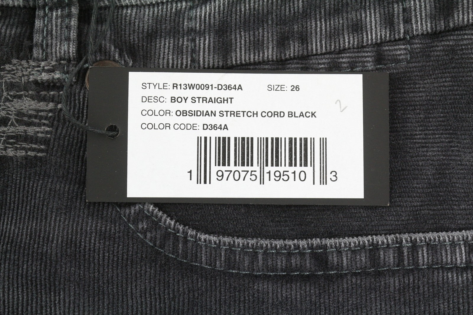 R13 berniukiškos tiesios moteriškos kelnės 26 obsidiano spalvos su tampria virvele, trumpintos, išblukintos, FW25 