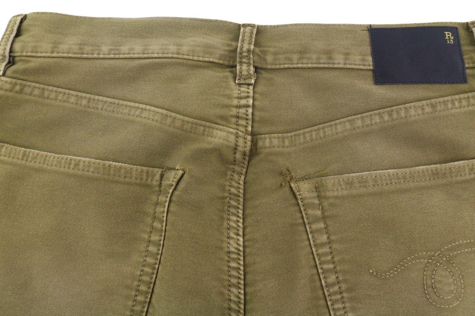 R13 Boyfriend moteriškos kelnės 27 alyvuogių spalvos dažyta moleskine su čiurnos iki blankesnės spalvos FW25 