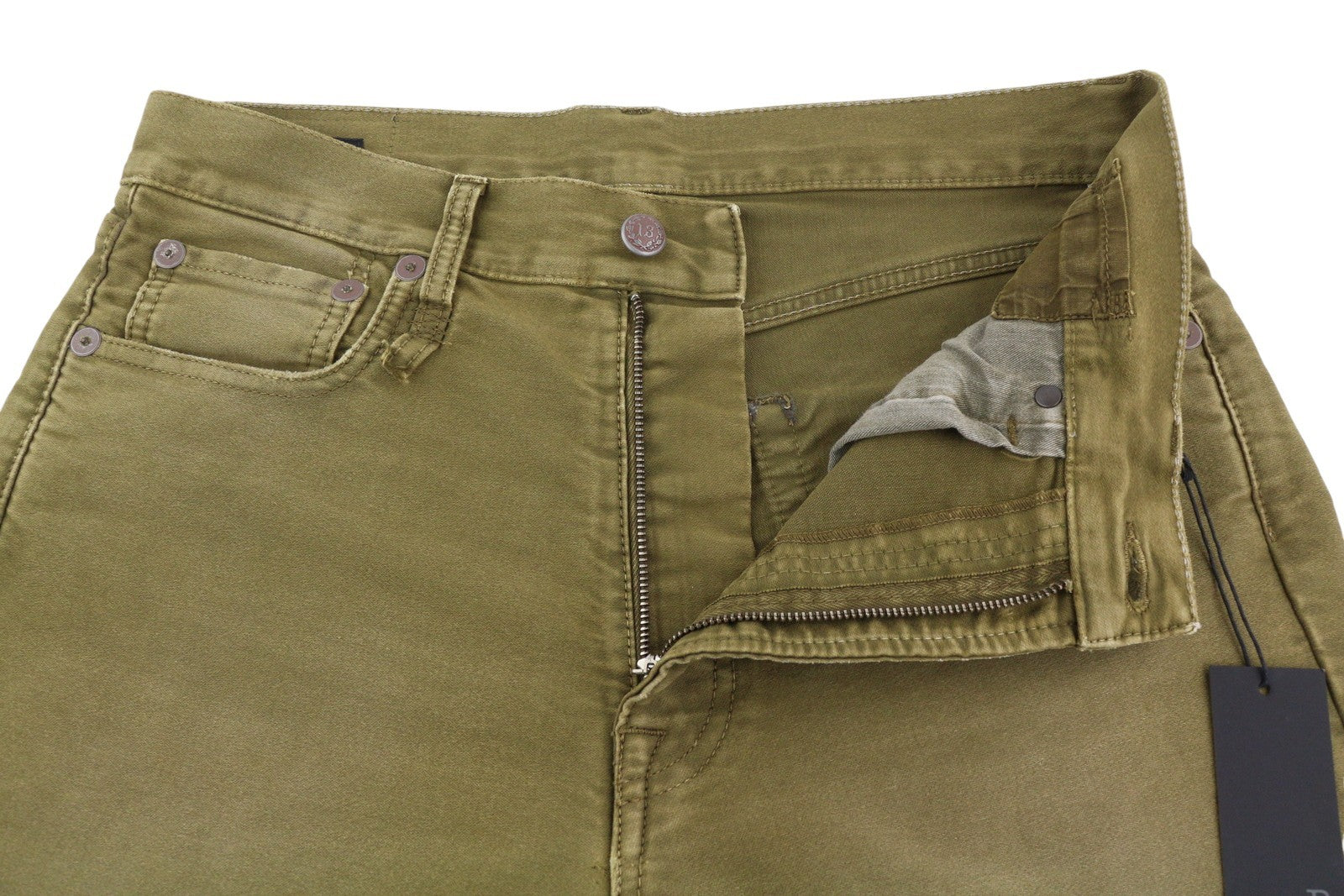 R13 Boyfriend moteriškos kelnės 27 alyvuogių spalvos dažyta moleskine su čiurnos iki blankesnės spalvos FW25 