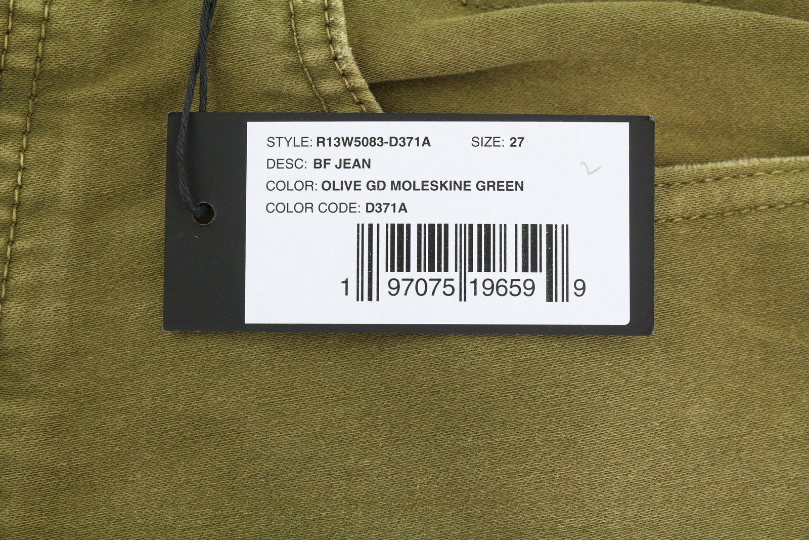 R13 Boyfriend moteriškos kelnės 27 alyvuogių spalvos dažyta moleskine su čiurnos iki blankesnės spalvos FW25 