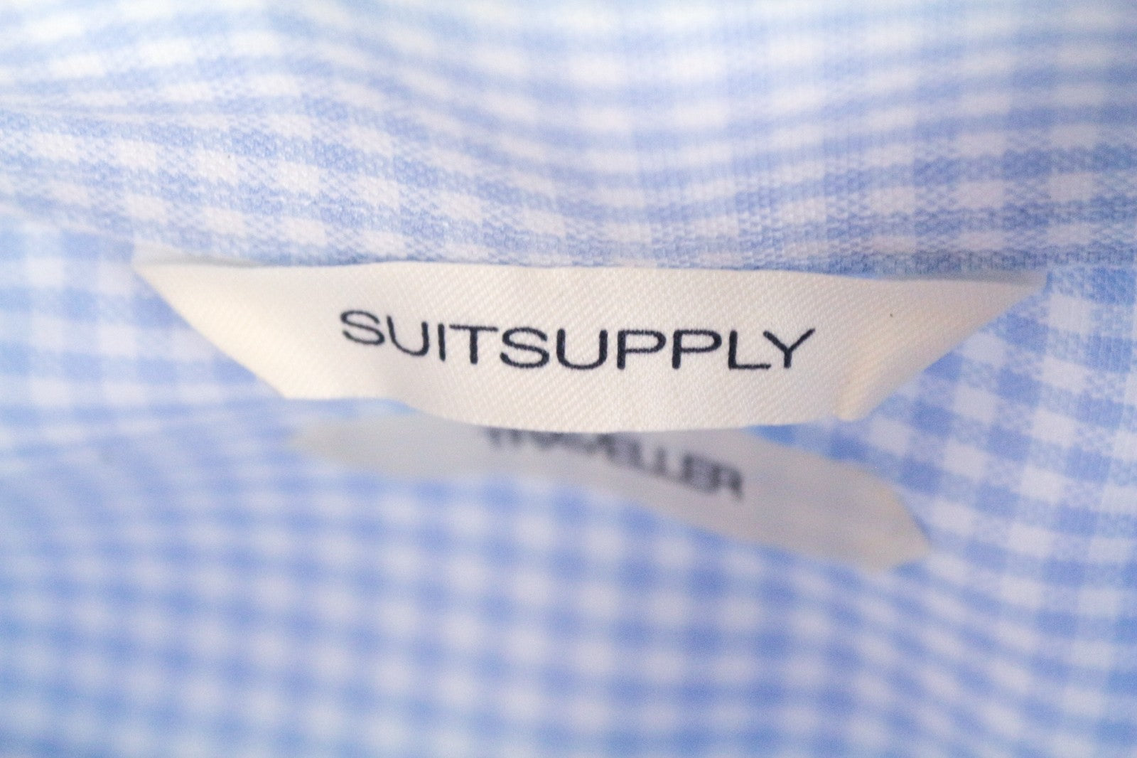 SUITSUPPLY vyriški oficialūs marškinėliai 40 l „Traveller Slim“ mėlyni languoti melanžo rašto marškiniai 