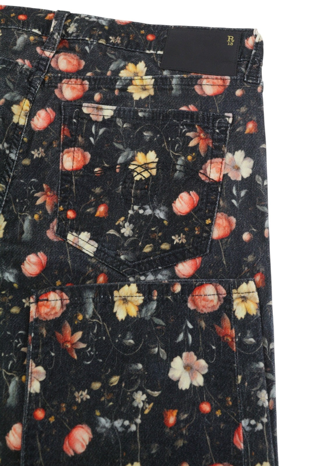 R13 berniukiški tiesūs moteriški džinsai 28 mėnulio žiedlapių aksominis gėlių raštas iki kulkšnies FW25