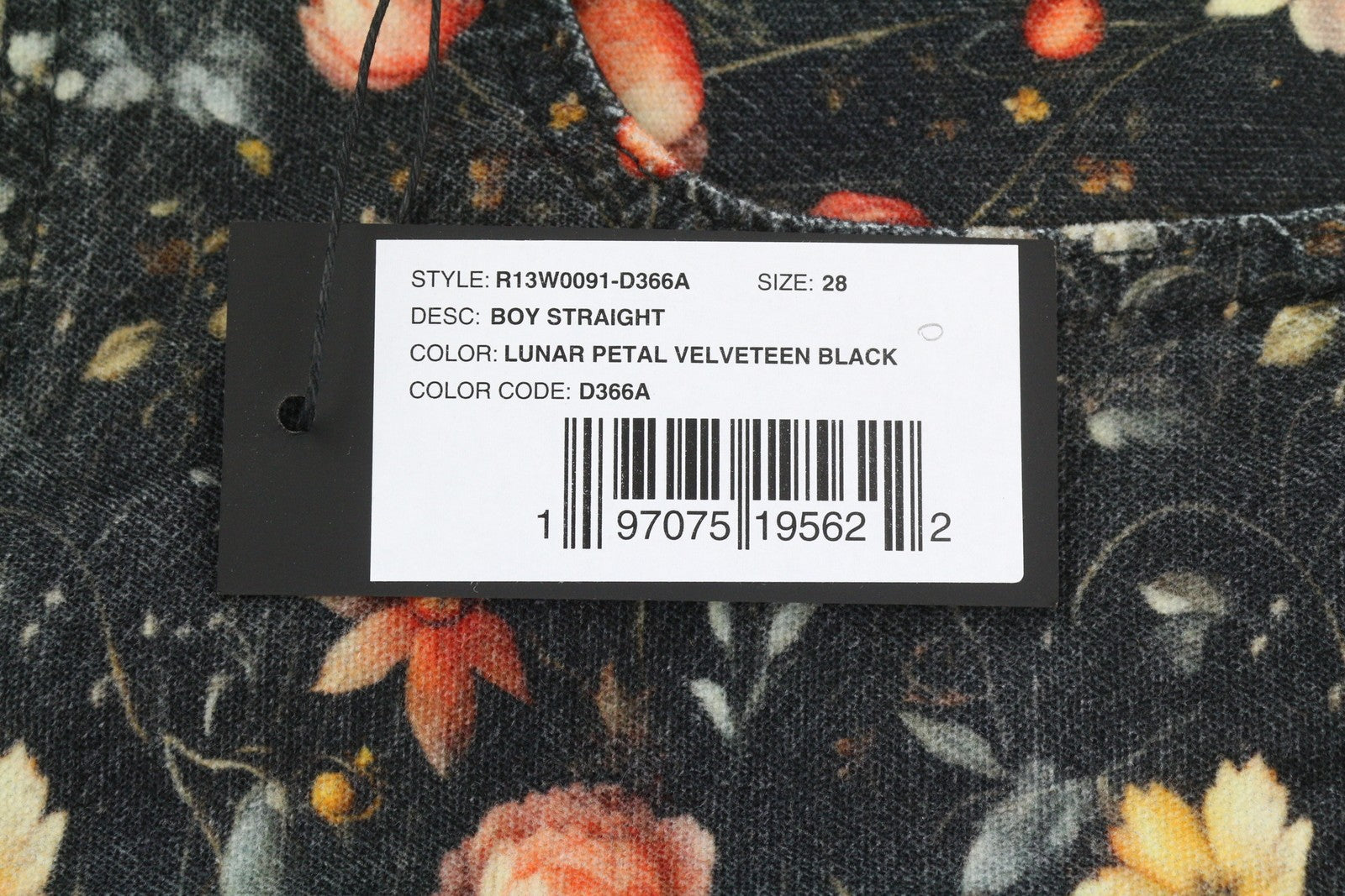 R13 berniukiški tiesūs moteriški džinsai 28 mėnulio žiedlapių aksominis gėlių raštas iki kulkšnies FW25