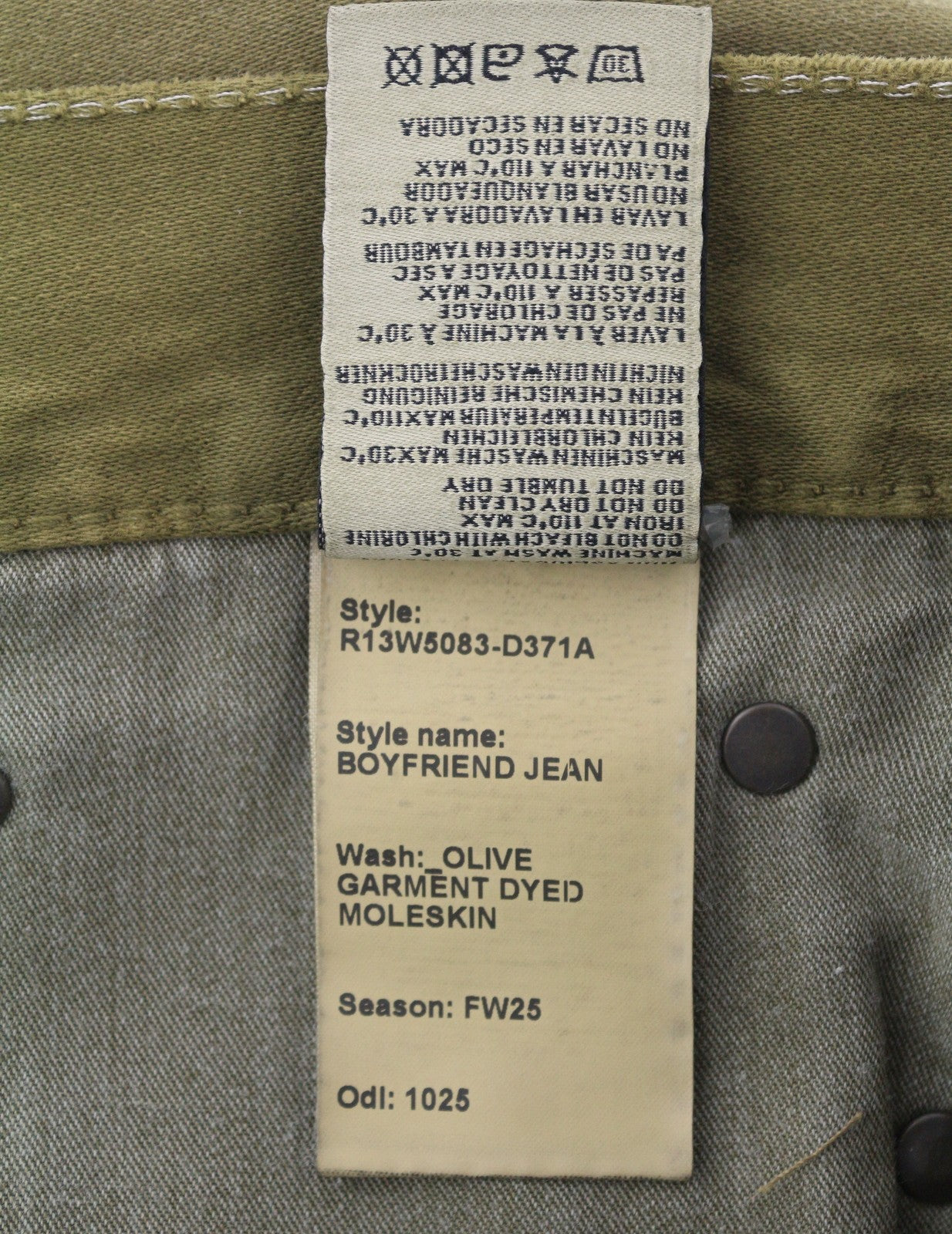 R13 Boyfriend moteriškos kelnės, 30 alyvuogių spalvos, dažytos moleskino spalvos, iki kulkšnių, išblukintos, FW25 