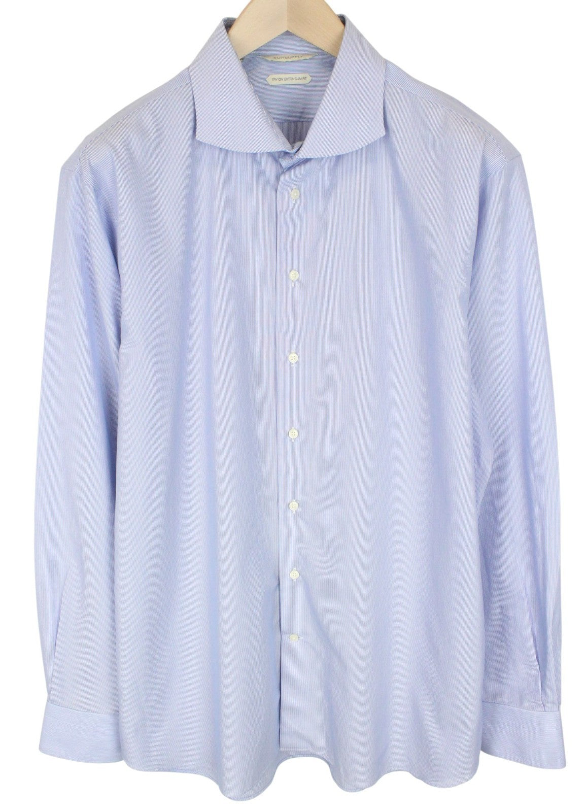 SUITSUPPLY vyriški formalūs marškiniai 45/17.75 itin ploni mėlyni dryžuoti melanžo iškirpte 