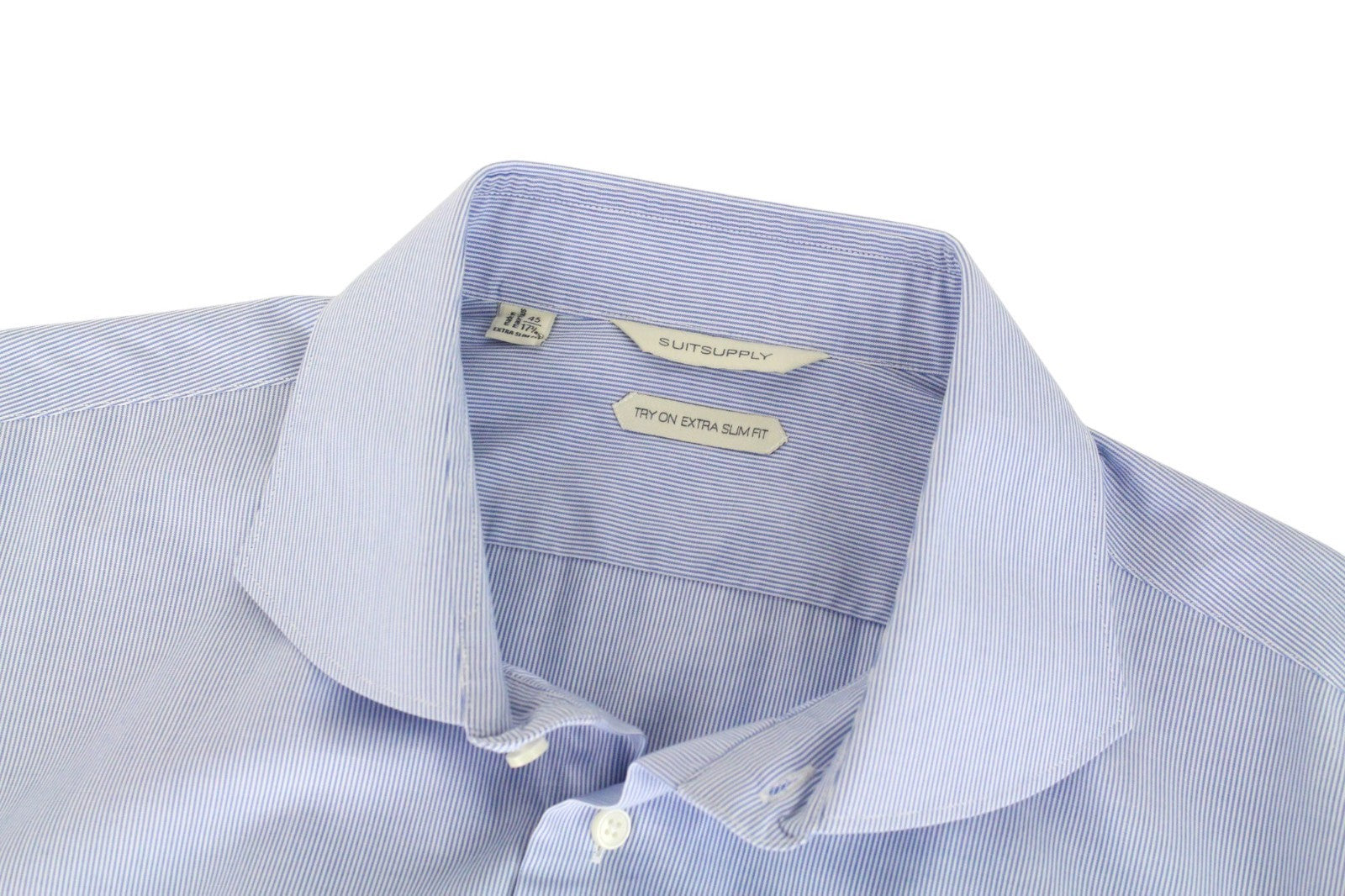 SUITSUPPLY vyriški formalūs marškiniai 45/17.75 itin ploni mėlyni dryžuoti melanžo iškirpte 