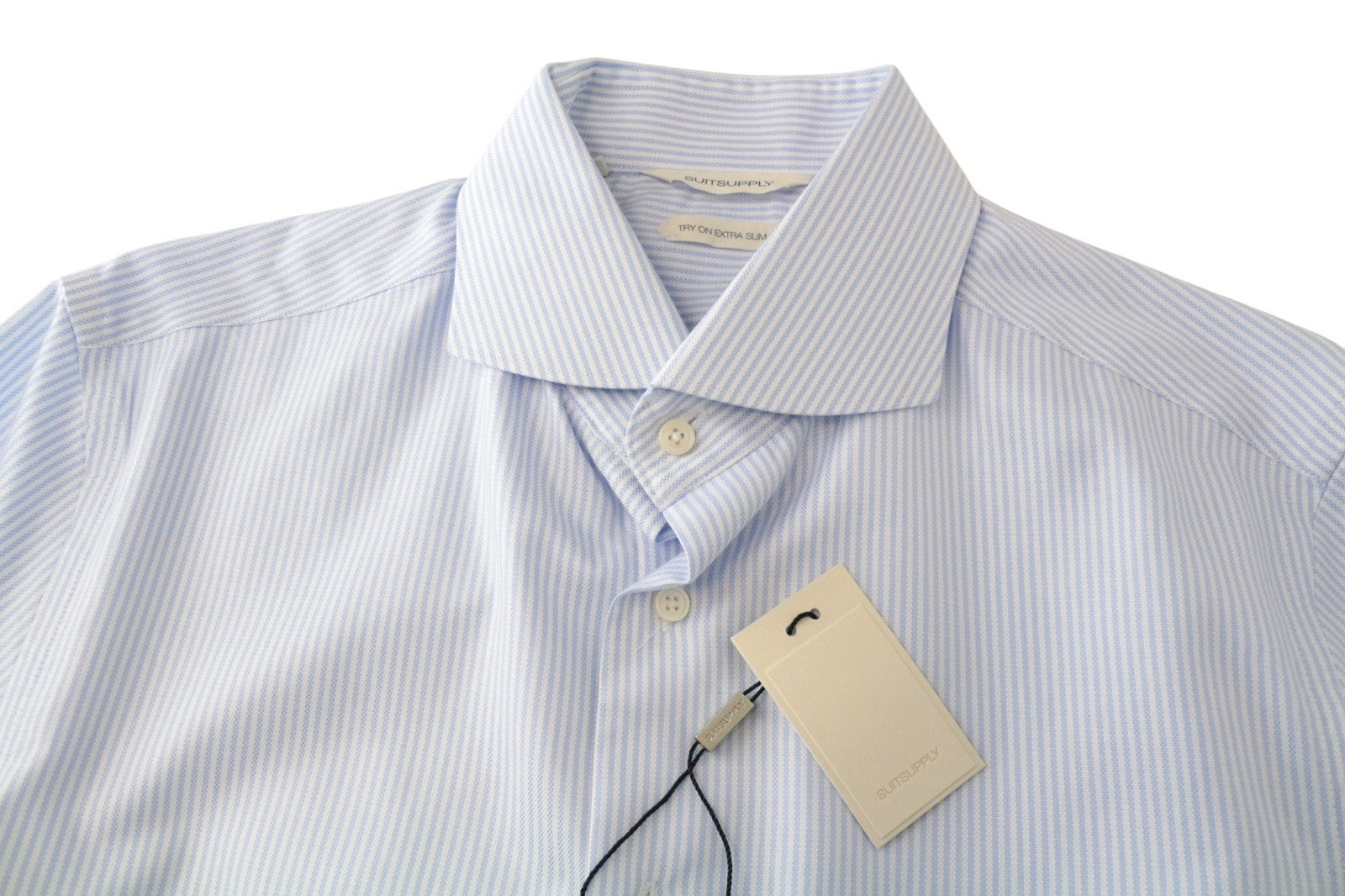 SUITSUPPLY vyriški formalūs marškinėliai 40L/15.75L dryžuoti mėlyni medvilniniai ypač ploni klasikinio kirpimo marškinėliai 