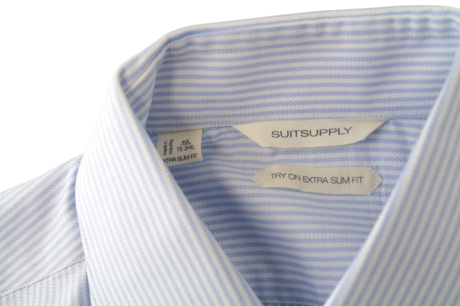 SUITSUPPLY vyriški formalūs marškinėliai 40L/15.75L dryžuoti mėlyni medvilniniai ypač ploni klasikinio kirpimo marškinėliai 